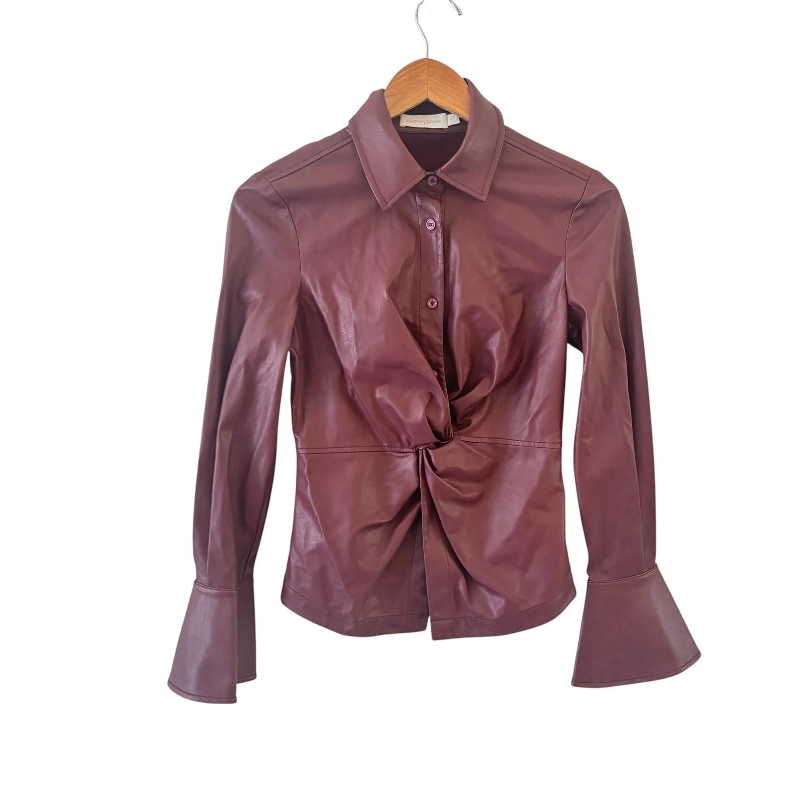 Jonathan Simkhai Faux Leather Twist Front Button Up Shirt Womens 2 Pink Party